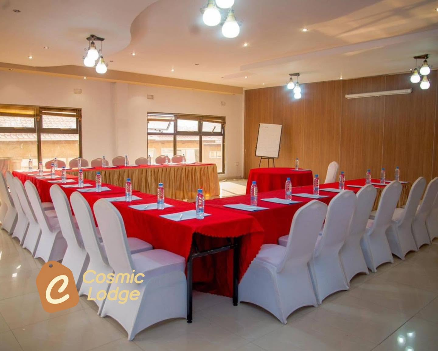 Red and gold conference room setup
